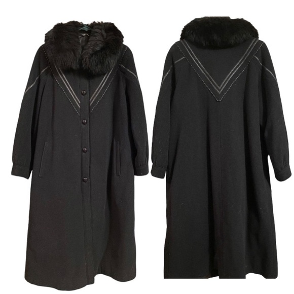 Vintage 70s 80s Fur Wool Pea Trench Coat Long Leather Inserts Button Down Warm - Picture 1 of 16
